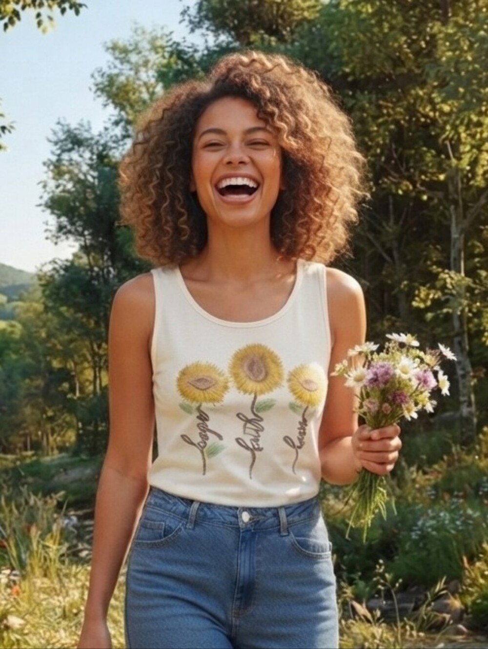 Beautees Women's M Cream Sunflower Graphic Glitter Scoop Neck Tank Top Y2K Faith